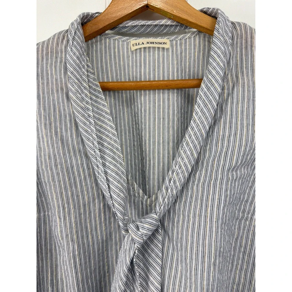 Ulla Johnson Striped Tie Neck Blouse Blue White‎ Gold Lurex Ruffle Sleeve Size 2